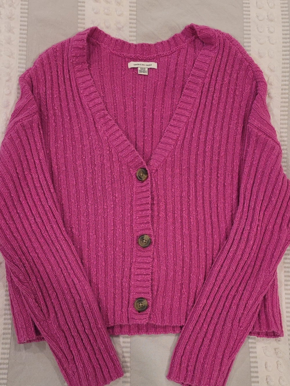 American Eagle Outfitters Bright Pink Ribbed V-Neck Button Cardigan